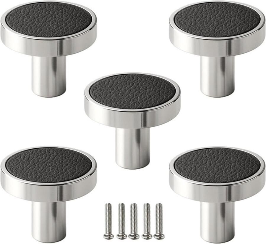 Gld Kastknop zilver zwart 5 stuks Leer Kastknop zilver- Leer Deurknoppen zilver voor kasten Deurknopjes zilver- Kastknoppen zilver- handgreep zilver- meubelknoppen zilver- Leer Meubelknoppen zilver- Meubelbeslag zilver- deurknop zilver