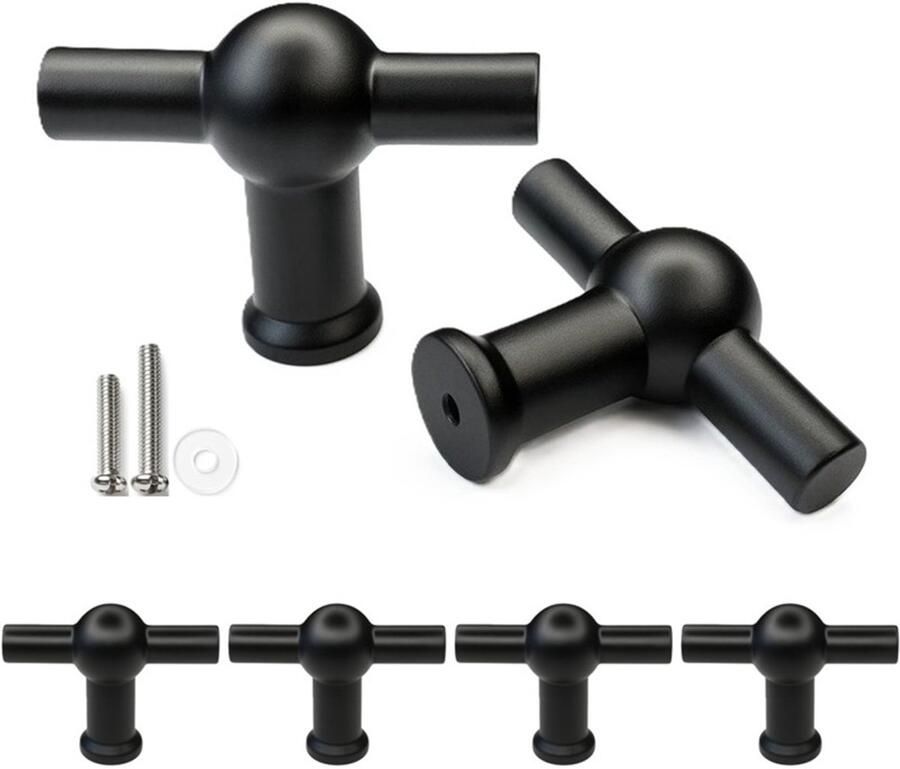 MSQDESIGN Kastknop zwart T Kastknoppen zwart 4 stuks inclusief schroeven Deurknopjes zwart voor kast T Deurknop zwart Handgreep zwart Meubelknop zwart Deurknopjes zwart Deurknoppen zwart Ladeknoppen voor deurtjes - Foto 2