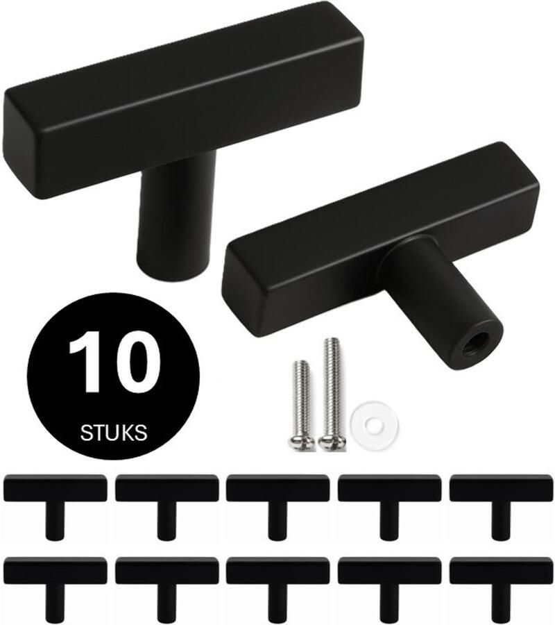 MSQDESIGN Kastknop RVS zwart T Kastknoppen zwart 10 stuks Deurknopjes zwart voor kast T Deurknop zwart Deurknopjes zwart Handgreep zwart Meubelknop zwart Meubelknoppen zwart Deurknopjes zwart Deurknoppen zwart Ladeknoppen voor deurtjes