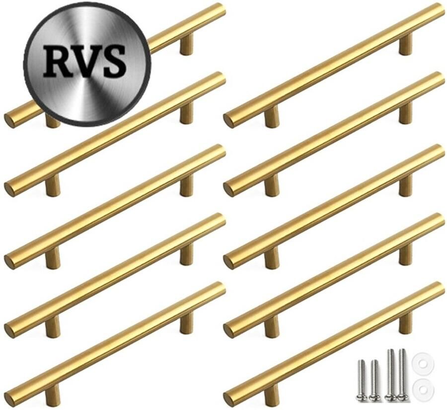MSQDESIGN RVS T greep Handgrepen Goud RVS Handgreep 200 mm Hartafstand 128mm 10 stuks Handgrepen kast Meubelgrepen Keukengreep Goud Kastgrepen Handgrepen voor deurtjes handgreep keuken Deurgreep ladegreep incl schroeven