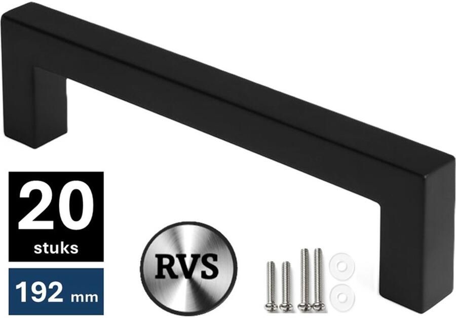 MSQDESIGN Handgrepen zwart RVS Handgreep zwart 192 mm 20 stuks Handgrepen kast Meubelgrepen Keukengreep zwart Kastgrepen Handgrepen keukenkastjes Meubelgreep Handgrepen voor deurtjes handgreep keuken Deurgreep ladegreep incl schroeven