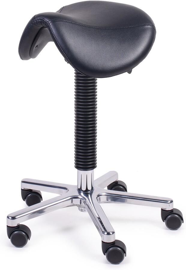 MTM zadelkruk FREYA 200-A – zwart zadel – kunstleer – alu kruisvoet – ergonomisch – op wielen – 51 71 cm