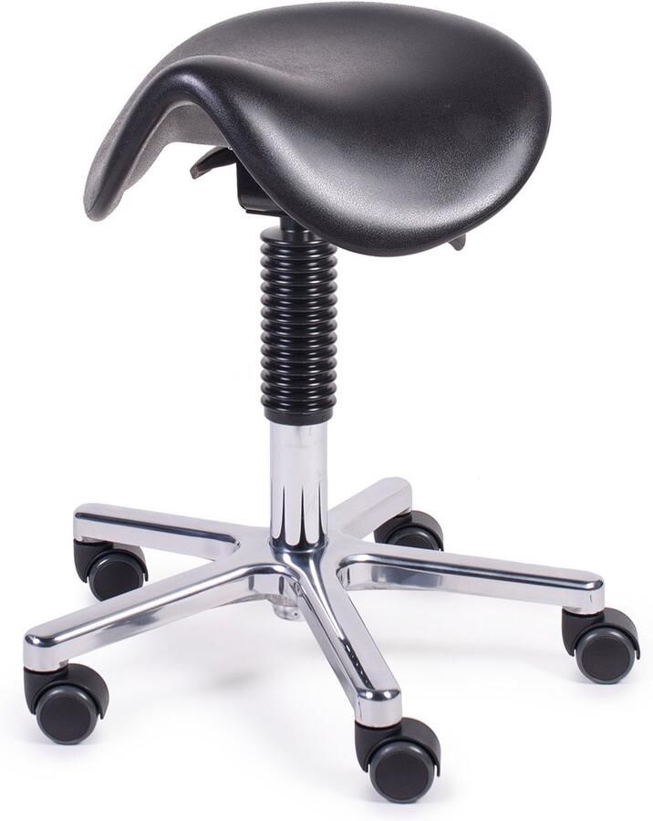 MTM zadelkruk HERTHA 160-A – zwarte ergonomische pur zitting – alu kruisvoet – wielen – 45 61 cm