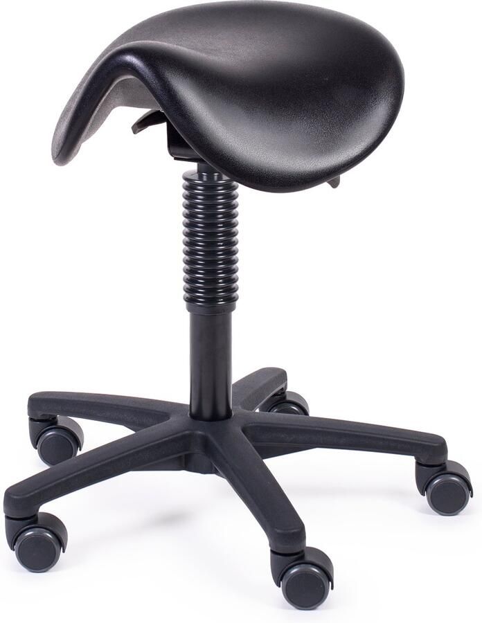 MTM zadelkruk HERTHA 160-N – ergonomische zwarte pur zitting – kunststof kruisvoet – op wielen – 46 62 cm