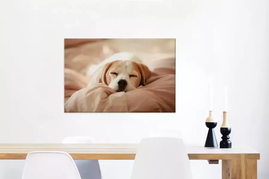 MuchoWow Canvas Schilderij Een schattige Beagle ligt te slapen op een bed 60x40 cm Wanddecoratie