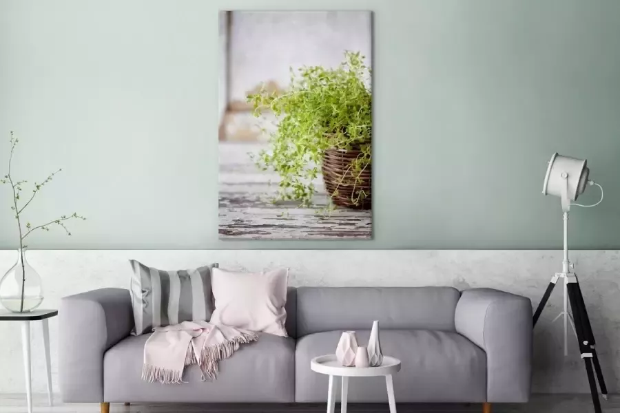 MuchoWow Canvas Schilderij Rieten mand met de lichtgroene tijm planten op een rustieke tafel 120x180 cm Wanddecoratie XXL