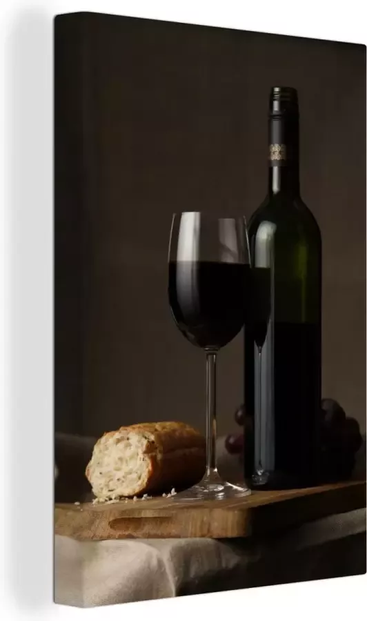 MuchoWow Canvas Schilderij Rode wijn en brood op een tafel 120x180 cm Wanddecoratie XXL