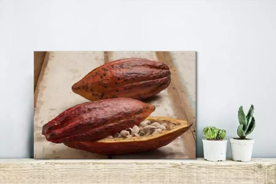MuchoWow Canvas Schilderij Tropische peulenschil van cacaoboon op houten tafel 30x20 cm Wanddecoratie