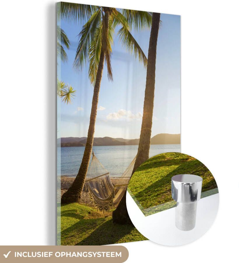 MuchoWow Glasschilderij 100x150 cm Schilderij acrylglas Twee palmbomen op het strand met een hangmat Foto op glas Schilderijen