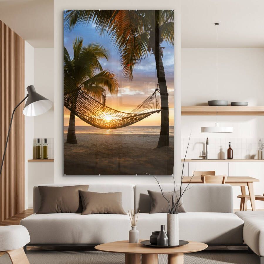 MuchoWow Glasschilderij 120x180 cm Schilderij acrylglas Hangmat op het Caribische strand Foto op glas Schilderijen