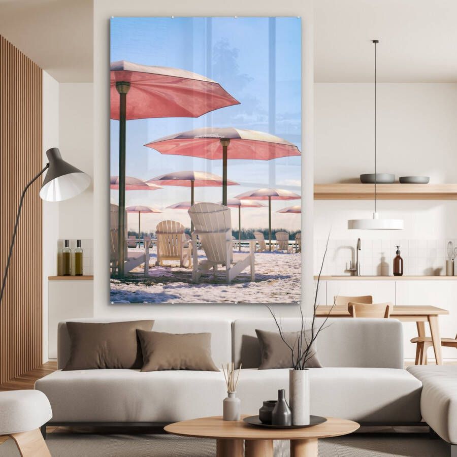 MuchoWow Glasschilderij 120x180 cm Schilderij glas Parasol Roze Zomer Foto op acrylglas Schilderijen