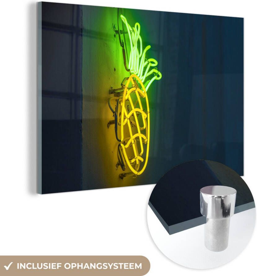 MuchoWow Glasschilderij 120x80 cm Schilderij acrylglas Ananas Neon Lamp Foto op glas Schilderijen