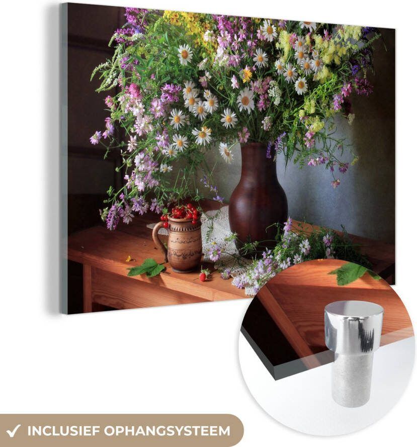 MuchoWow Glasschilderij 120x80 cm Schilderij acrylglas Bloemen Tafel Stilleven Boeket Vaas Foto op glas Muurdecoratie woonkamer Wanddecoratie slaapkamer Schilderijen