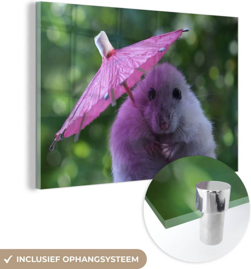 MuchoWow Glasschilderij 120x80 cm Schilderij acrylglas Hamster met een roze parasol Foto op glas Schilderijen