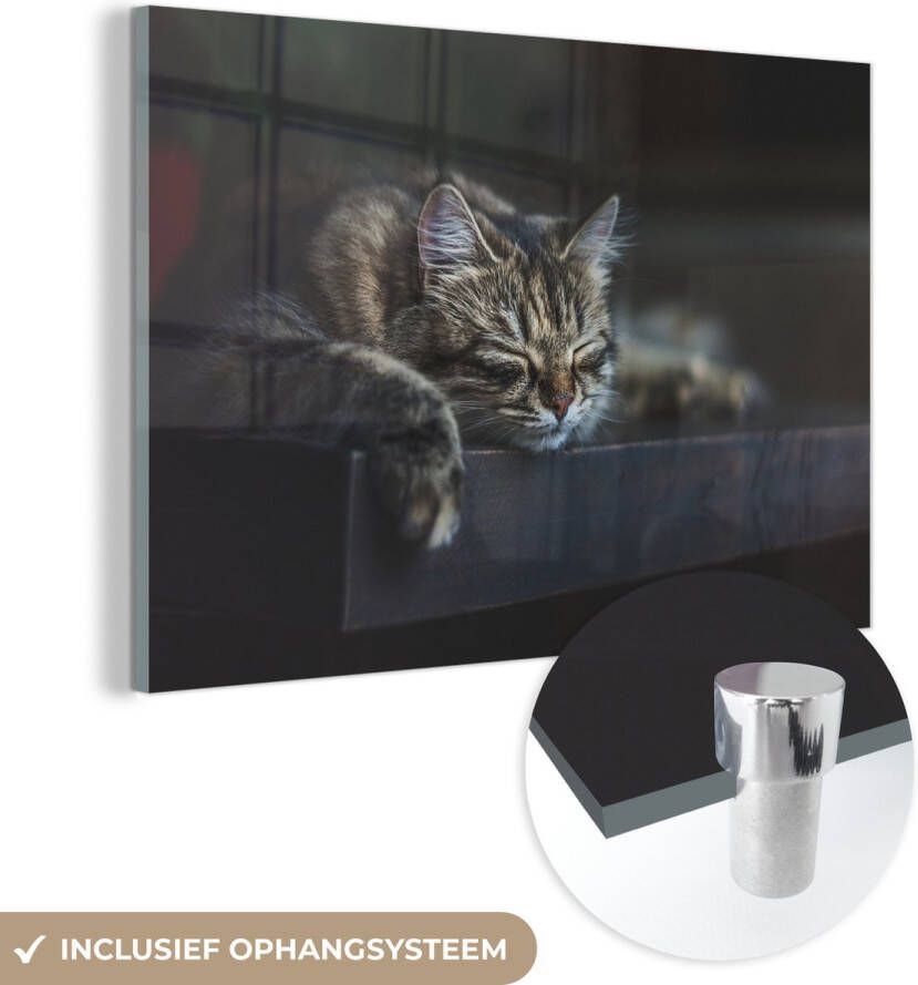 MuchoWow Glasschilderij 120x80 cm Schilderij acrylglas Kat ligt op een zwarte tafel te slapen Foto op glas Schilderijen