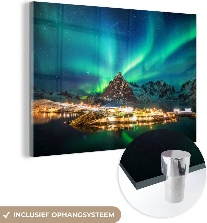 MuchoWow Glasschilderij 120x80 cm Schilderij acrylglas Noorderlicht Lampen Berg Noorwegen Foto op glas Schilderijen