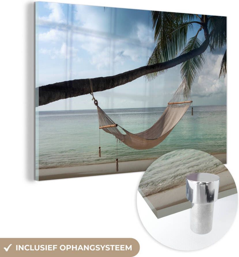 MuchoWow Glasschilderij 120x80 cm Schilderij acrylglas Palmboom Hangmat Strand Foto op glas Schilderijen