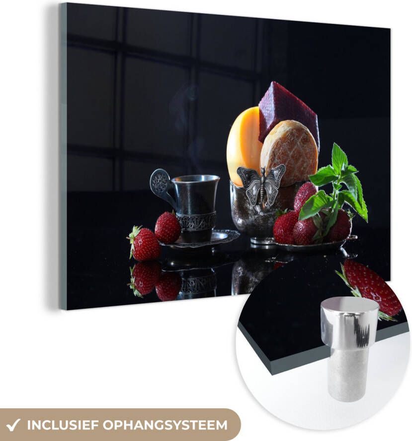 MuchoWow Glasschilderij 120x80 cm Schilderij acrylglas Rustiek Fruit Kaas Tafel Stilleven Foto op glas Schilderijen