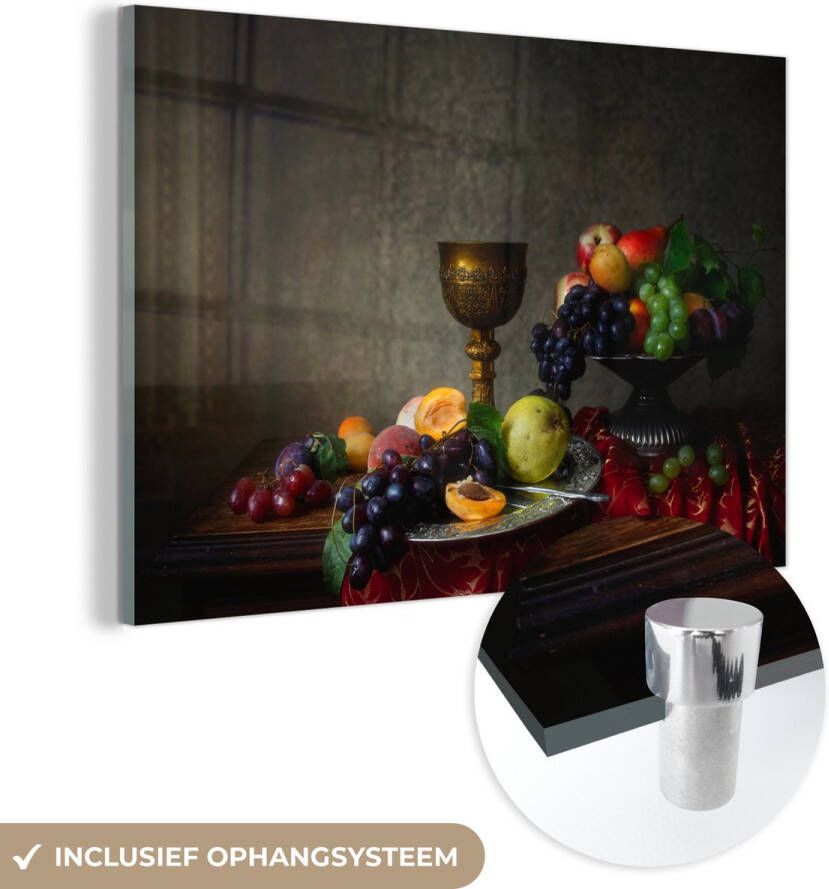 MuchoWow Glasschilderij 120x80 cm Schilderij acrylglas Rustiek Tafel Fruit Stilleven Beker Foto op glas Schilderijen