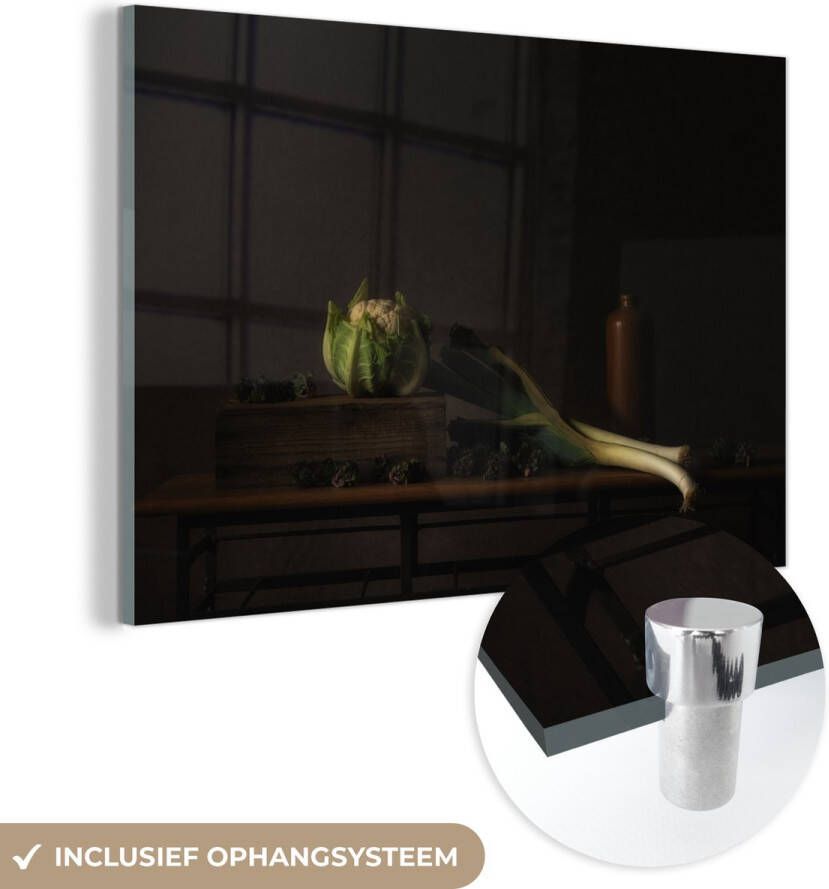 MuchoWow Glasschilderij 120x80 cm Schilderij acrylglas Stilleven Tafel Schilderij Groenten Prei Bloemkool Kunst Foto op glas Schilderijen