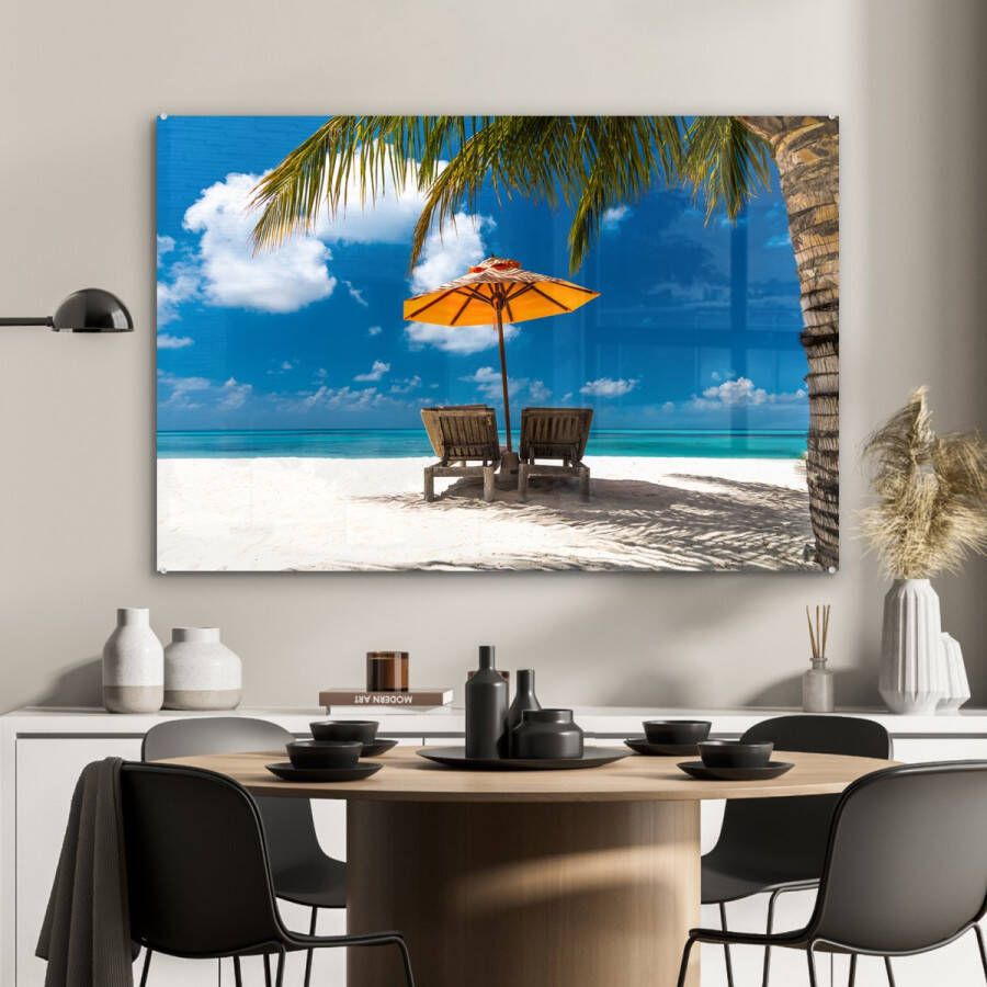 MuchoWow Glasschilderij 120x80 cm Schilderij glas Palm Parasol Strandstoel Foto op acrylglas Schilderijen