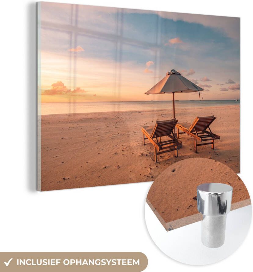 MuchoWow Glasschilderij 120x80 cm Schilderij glas Strand Ligbed Parasol Foto op acrylglas Schilderijen