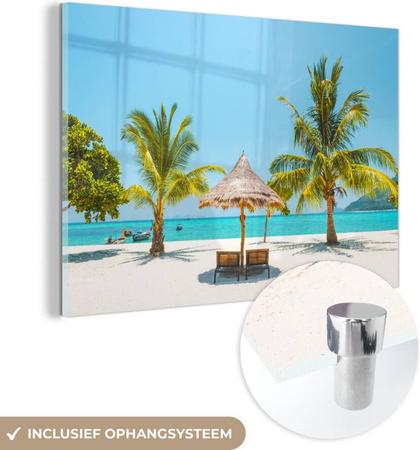 MuchoWow Glasschilderij 120x80 cm Schilderij glas Strand Parasol Palmboom Foto op acrylglas Schilderijen