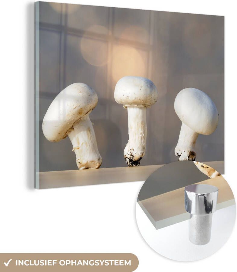 MuchoWow Glasschilderij 120x90 cm Schilderij acrylglas Aantal paddenstoelen op een tafel Foto op glas Schilderijen