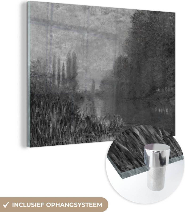 MuchoWow Glasschilderij 120x90 cm Schilderij acrylglas Bank of the Seine in Autumn schilderij van Claude Monet in zwart wit. Foto op glas Schilderijen