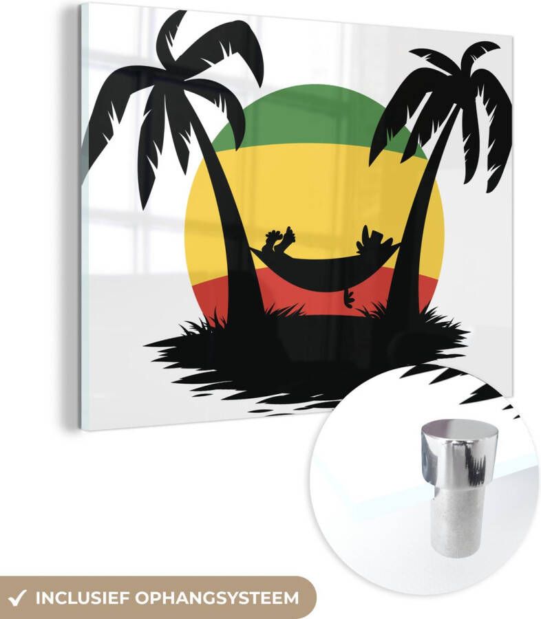 MuchoWow Glasschilderij 120x90 cm Schilderij acrylglas Een illustratie van het ontspannen in een hangmat met reggae kleuren Foto op glas Schilderijen