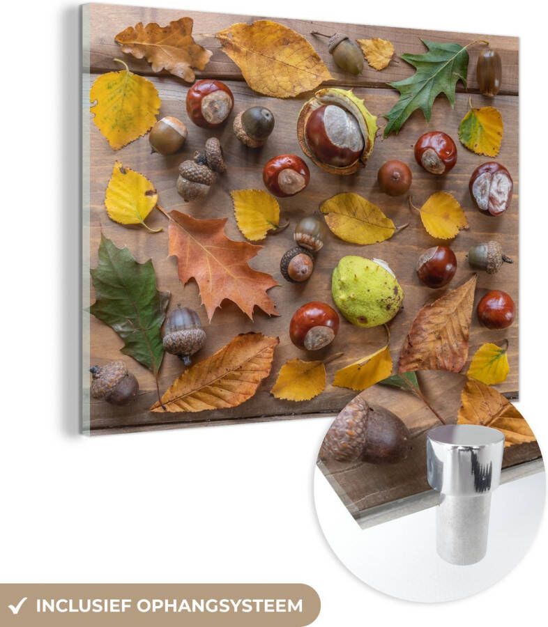 MuchoWow Glasschilderij 120x90 cm Schilderij acrylglas Herfst Tafel Natuur Foto op glas Schilderijen