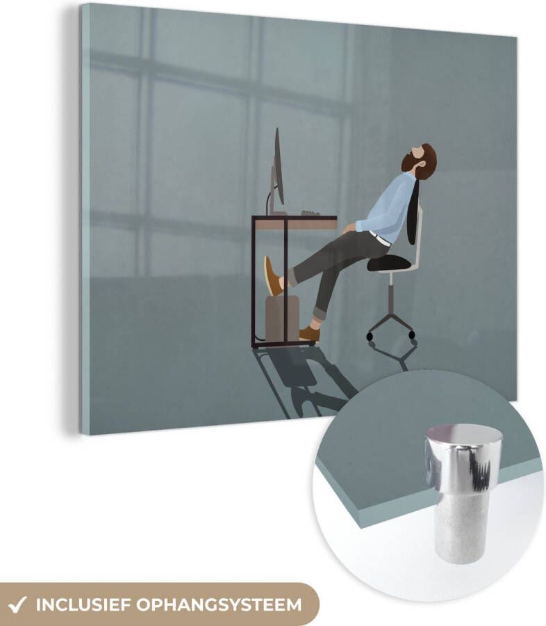 MuchoWow Glasschilderij 120x90 cm Schilderij acrylglas Illustratie van een vermoeide man achter zijn bureau Foto op glas Schilderijen