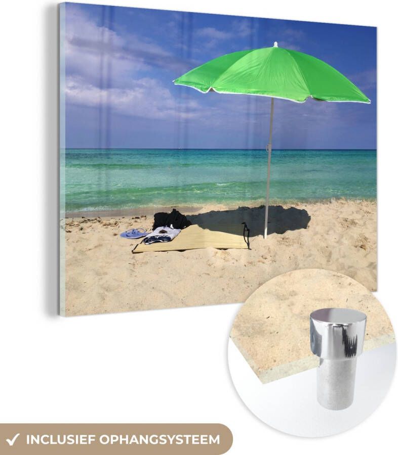MuchoWow Glasschilderij 120x90 cm Schilderij acrylglas Parasol Strand Zand Foto op glas Schilderijen