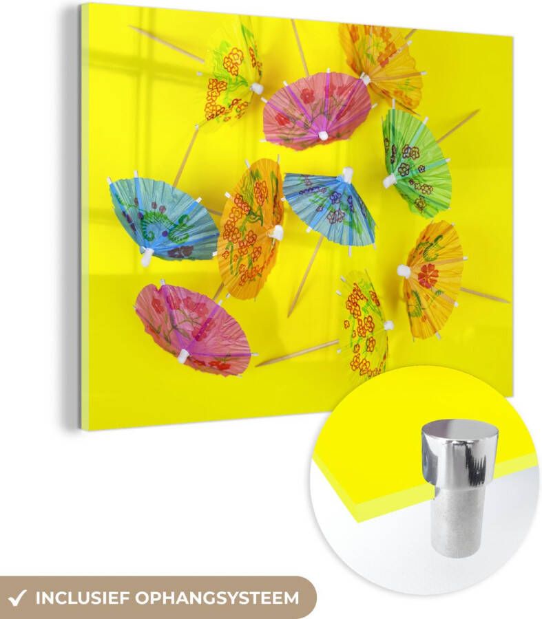 MuchoWow Glasschilderij 120x90 cm Schilderij acrylglas Parasols op geel Foto op glas Schilderijen