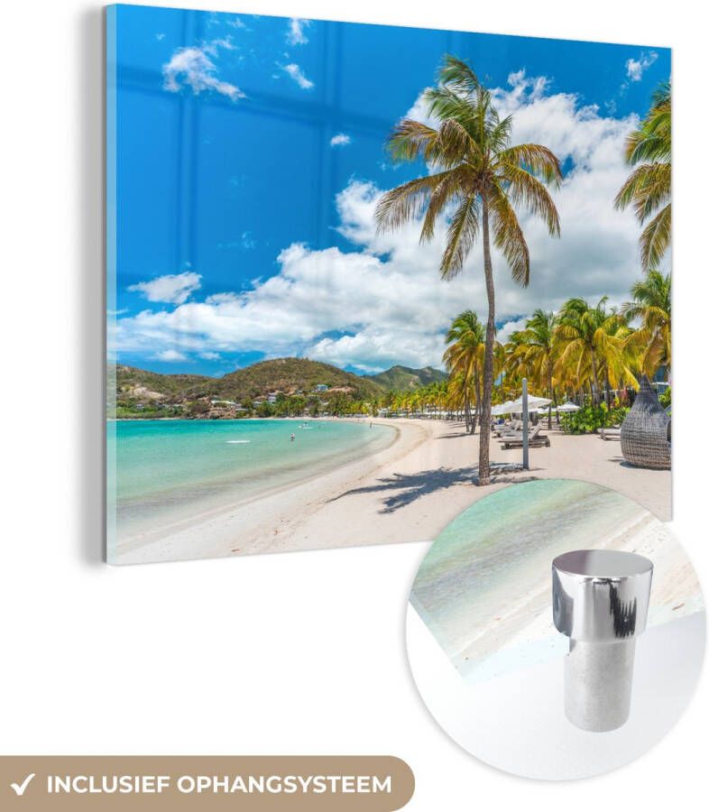 MuchoWow Glasschilderij 120x90 cm Schilderij acrylglas Strand Ligbed Palmbomen Foto op glas Schilderijen