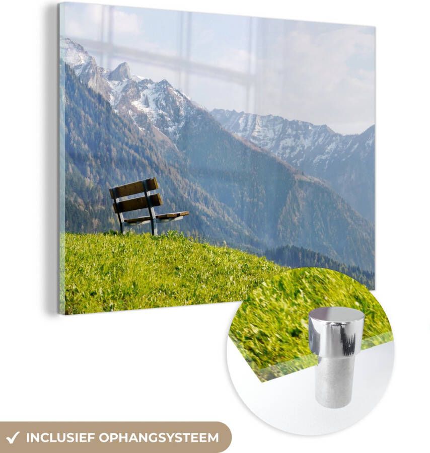 MuchoWow Glasschilderij 120x90 cm Schilderij acrylglas Zitbank in de bergen van de Alpen Liechtenstein Foto op glas Schilderijen