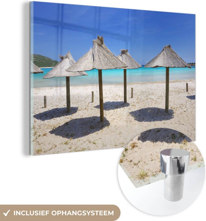 MuchoWow Glasschilderij 150x100 cm Schilderij acrylglas Rieten parasols op een strand op de vakantiebestemming Corsica Foto op glas Schilderijen