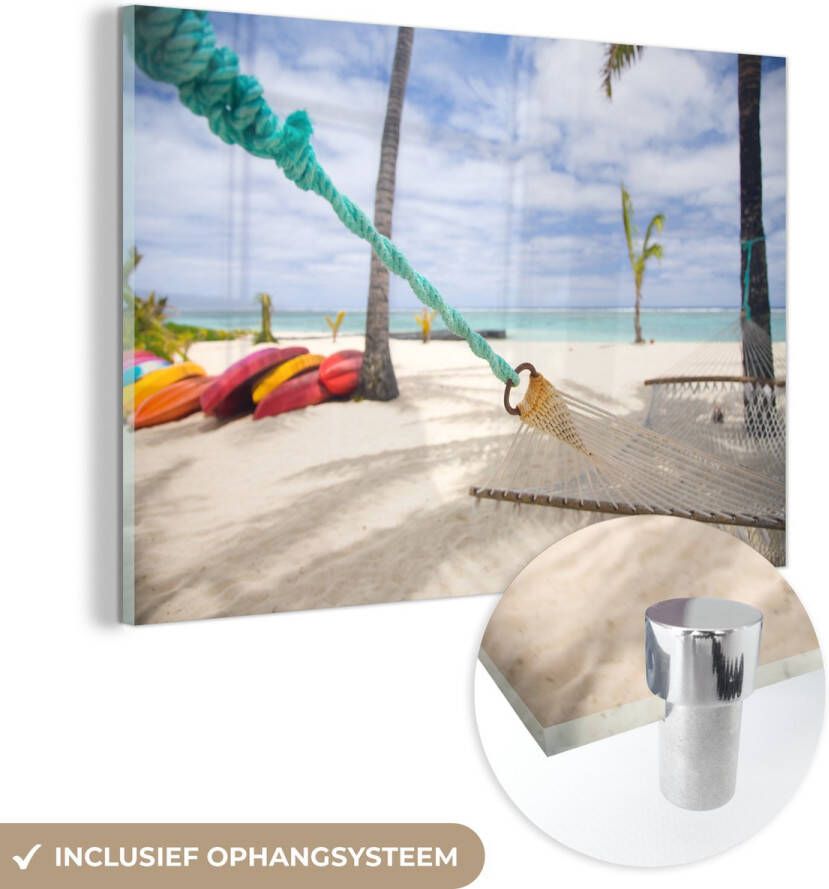 MuchoWow Glasschilderij 150x100 cm Schilderij acrylglas Strand Boot Hangmat Foto op glas Schilderijen