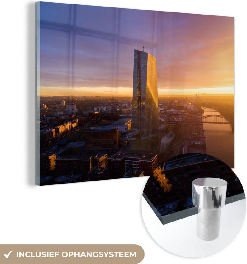 MuchoWow Glasschilderij 150x100 cm Schilderij glas Luchtfoto van zonsondergang bij Europese Centrale Bank in Frankfurt Duitsland Foto op acrylglas Schilderijen