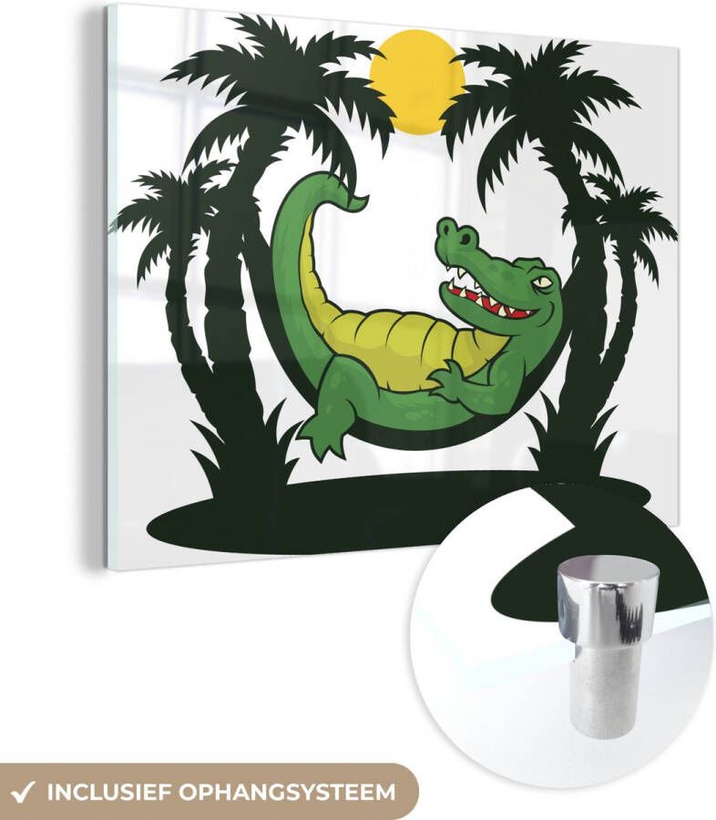 MuchoWow Glasschilderij 160x120 cm Schilderij acrylglas Krokodil Hangmat Palmboom Foto op glas Schilderijen