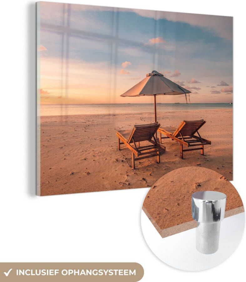 MuchoWow Glasschilderij 160x120 cm Schilderij acrylglas Strand Ligbed Parasol Foto op glas Schilderijen