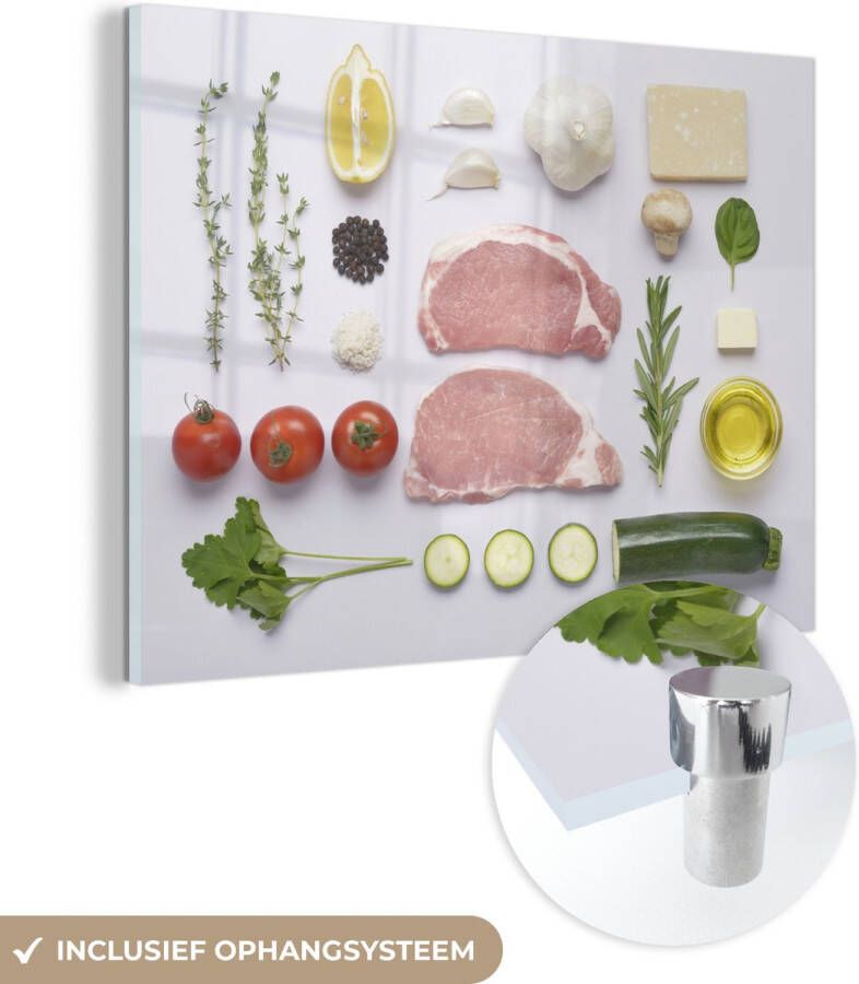 MuchoWow Glasschilderij 160x120 cm Schilderij acrylglas Tafel met verse groenten en vlees Foto op glas Schilderijen