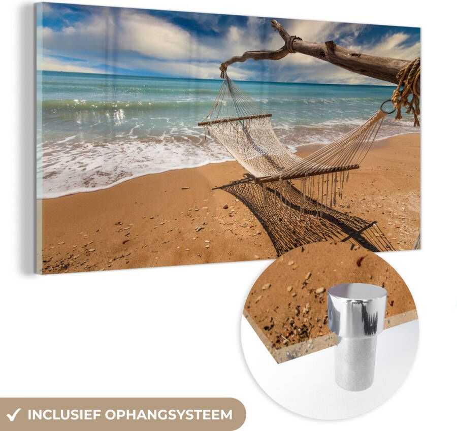 MuchoWow Glasschilderij 160x80 cm Schilderij glas Strand Zee Hangmat Foto op acrylglas Schilderijen