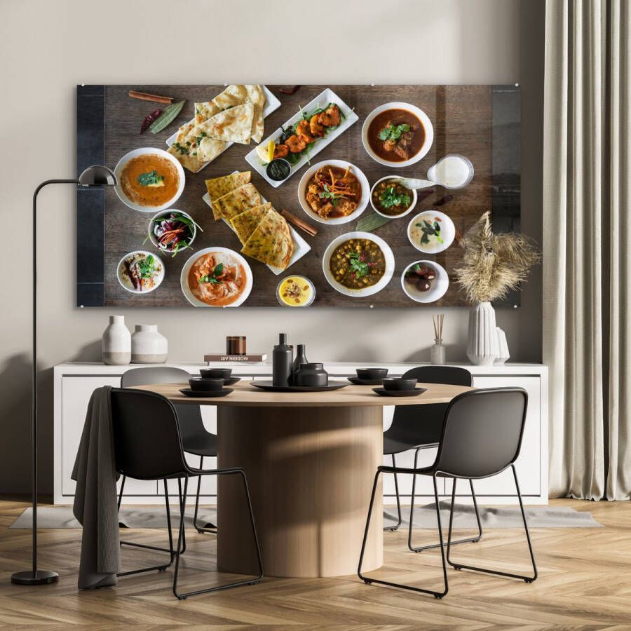 MuchoWow Glasschilderij 160x80 cm Schilderij glas Witte borden en schalen gevuld met Indiaas eten op een houten tafel Foto op acrylglas Schilderijen