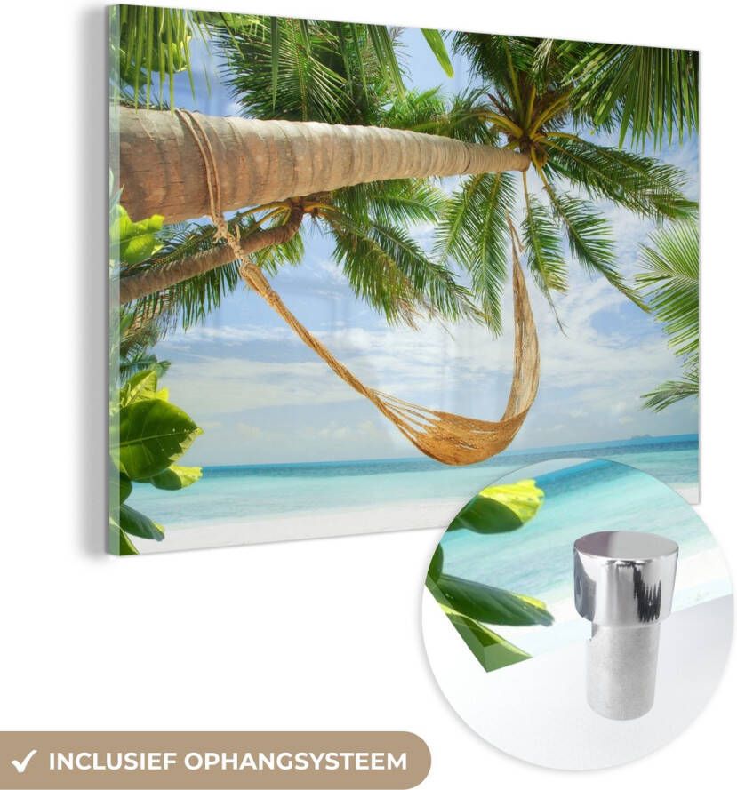 MuchoWow Glasschilderij 180x120 cm Schilderij acrylglas Palmbomen Hangmat Zomer Zee Foto op glas Schilderijen