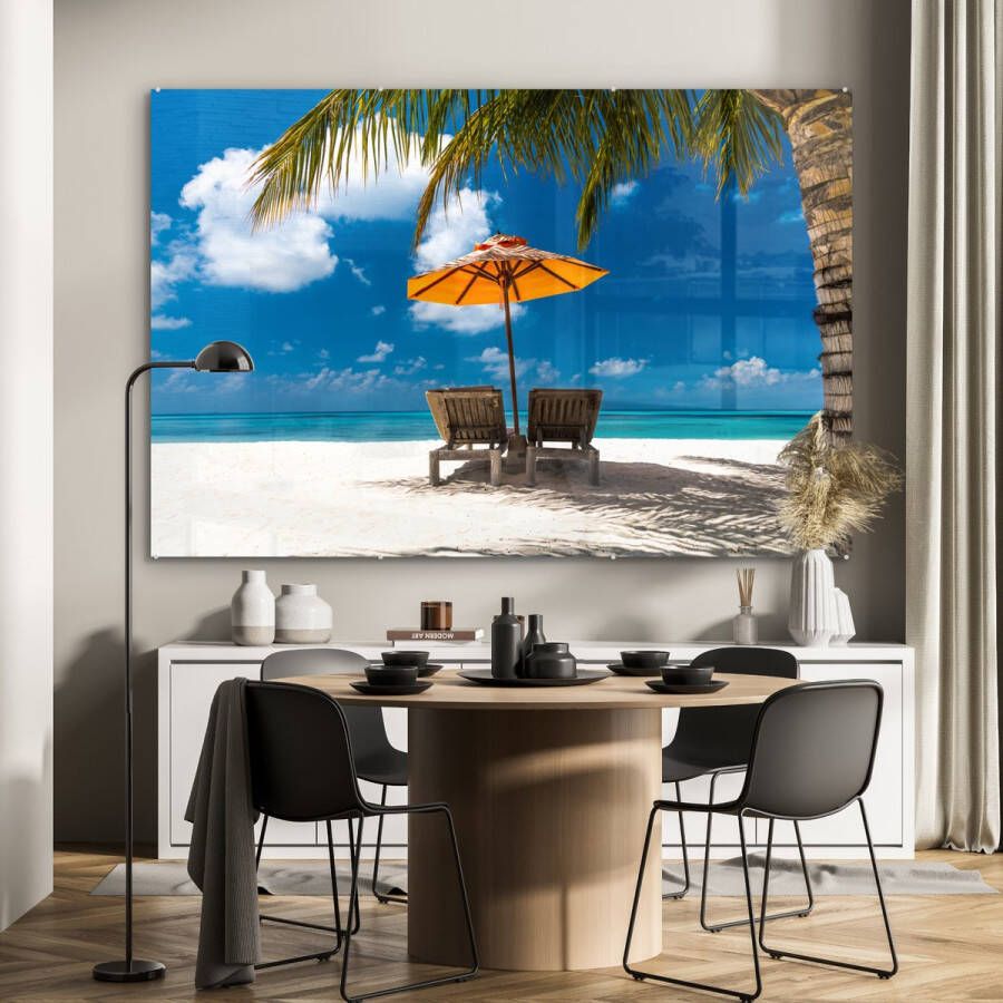 MuchoWow Glasschilderij 180x120 cm Schilderij glas Palm Parasol Strandstoel Foto op acrylglas Schilderijen