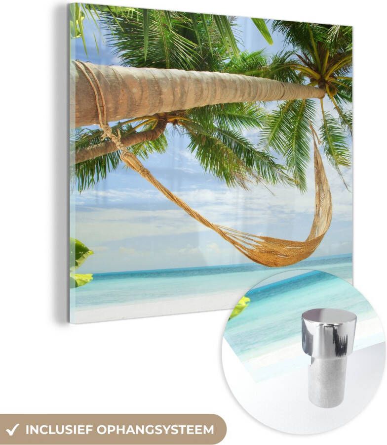 MuchoWow Glasschilderij 20x20 cm Schilderij acrylglas Palmbomen Hangmat Zomer Zee Foto op glas Schilderijen
