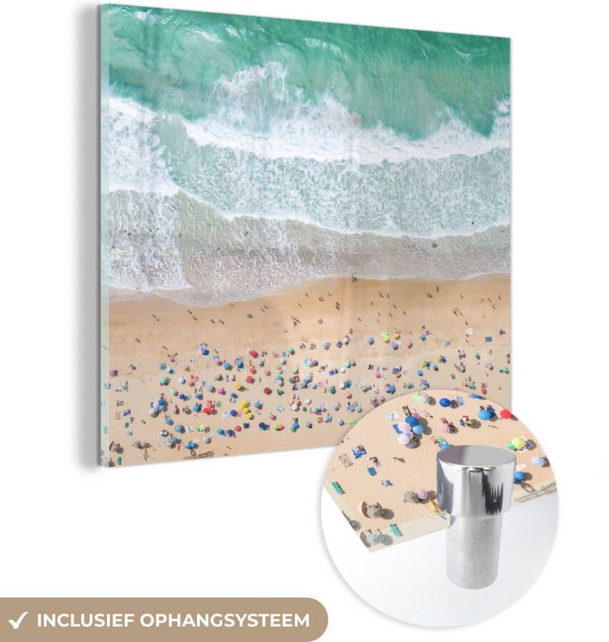 MuchoWow Glasschilderij 20x20 cm Schilderij acrylglas Zee Strand Parasols Water Zomer Foto op glas Schilderijen