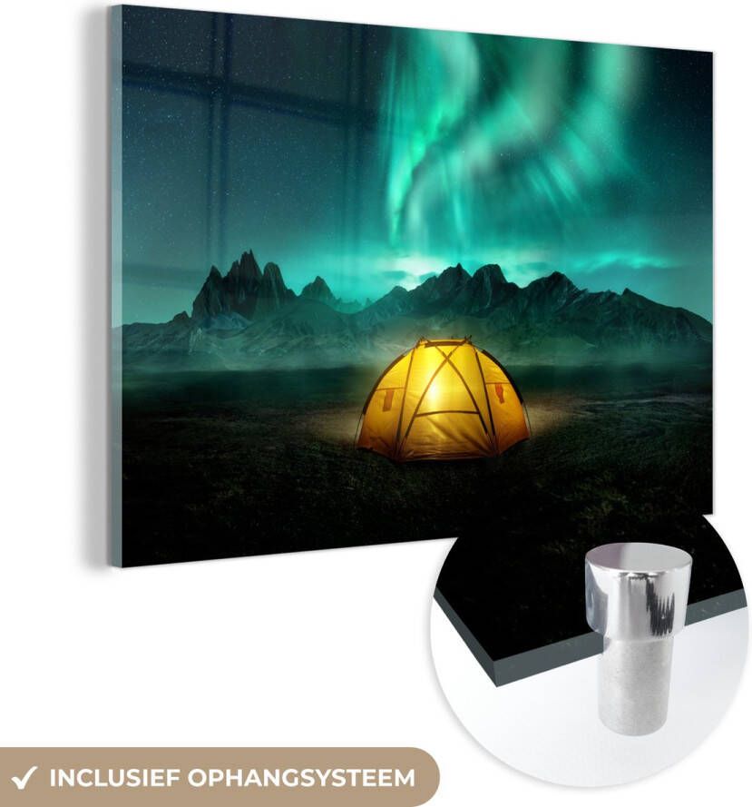MuchoWow Glasschilderij 30x20 cm Schilderij acrylglas Noorderlicht Tent Lamp Foto op glas Schilderijen