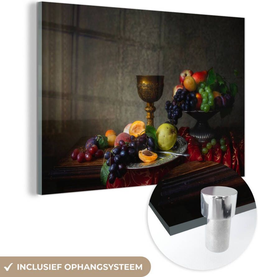 MuchoWow Glasschilderij 30x20 cm Schilderij acrylglas Rustiek Tafel Fruit Stilleven Beker Foto op glas Schilderijen